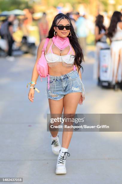 Adelaine Morin is seen arriving to the Celsius Coachella party on April 14, 2023 in Indio, California.