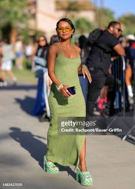 Karrueche Tran is seen arriving to the Celsius Coachella party on April 14, 2023 in Indio, California.