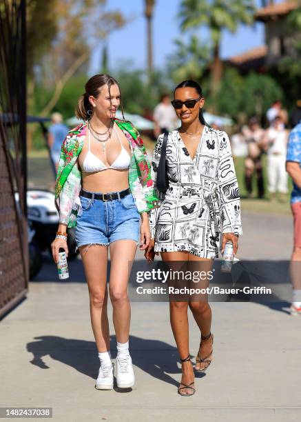 Josephine Skriver and Jasmine Tookes are seen arriving to the Celsius Coachella party on April 14, 2023 in Indio, California.