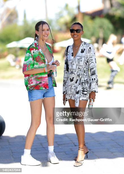Josephine Skriver and Jasmine Tookes are seen arriving to the Celsius Coachella party on April 14, 2023 in Indio, California.