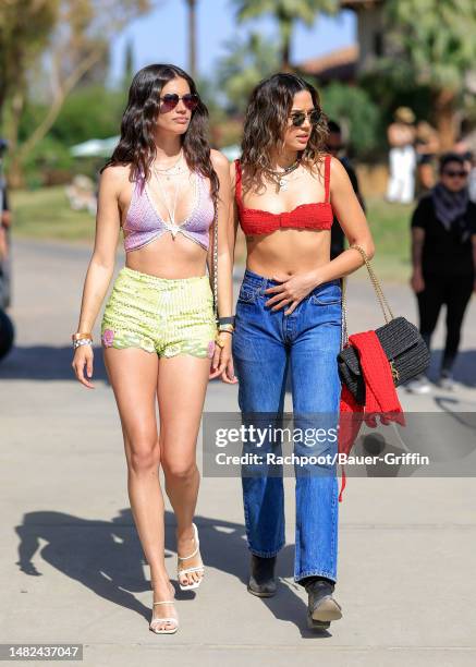 Sara Sampaio and Georgie Flores are seen arriving to the Celsius Coachella party on April 14, 2023 in Indio, California.