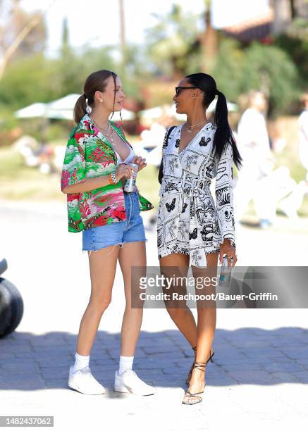 Josephine Skriver and Jasmine Tookes are seen arriving to the Celsius Coachella party on April 14, 2023 in Indio, California.