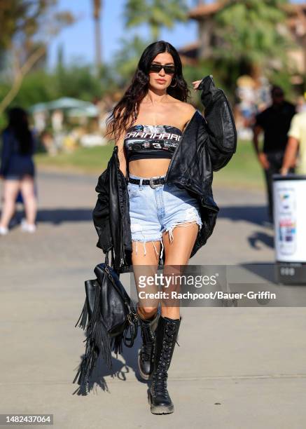 Nicole Williams English is seen arriving to the Celsius Coachella party on April 14, 2023 in Indio, California.