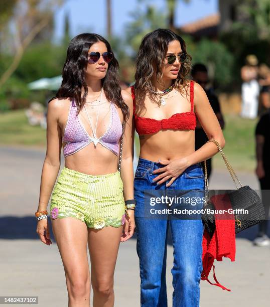 Sara Sampaio and Georgie Flores are seen arriving to the Celsius Coachella party on April 14, 2023 in Indio, California.