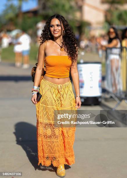 Madison Pettis is seen arriving to the Celsius Coachella party on April 14, 2023 in Indio, California.