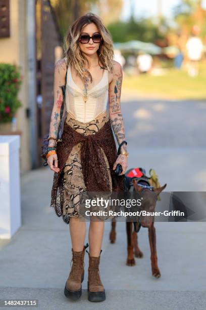 Paris Jackson is seen arriving to the Celsius Coachella party on April 14, 2023 in Indio, California.