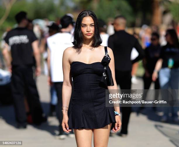 Shanina Shaik is seen arriving to the Celsius Coachella party on April 14, 2023 in Indio, California.
