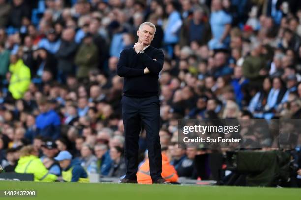 Dean Smith, Manager of Leicester City, react during the Premier League match between Manchester City and Leicester City at Etihad Stadium on April...