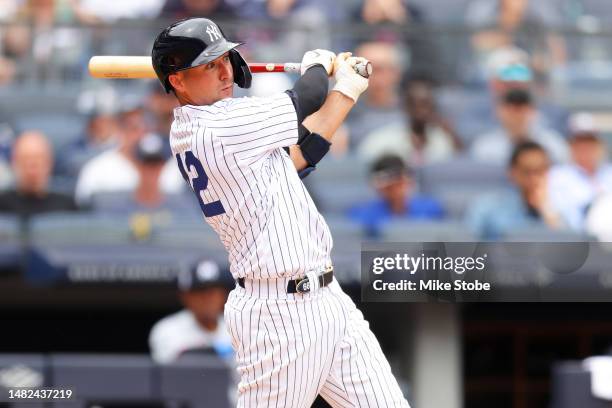 Kyle Higashioka of the New York Yankees hits a second inning home run against the Minnesota Twins at Yankee Stadium on April 15, 2023 in Bronx, New...