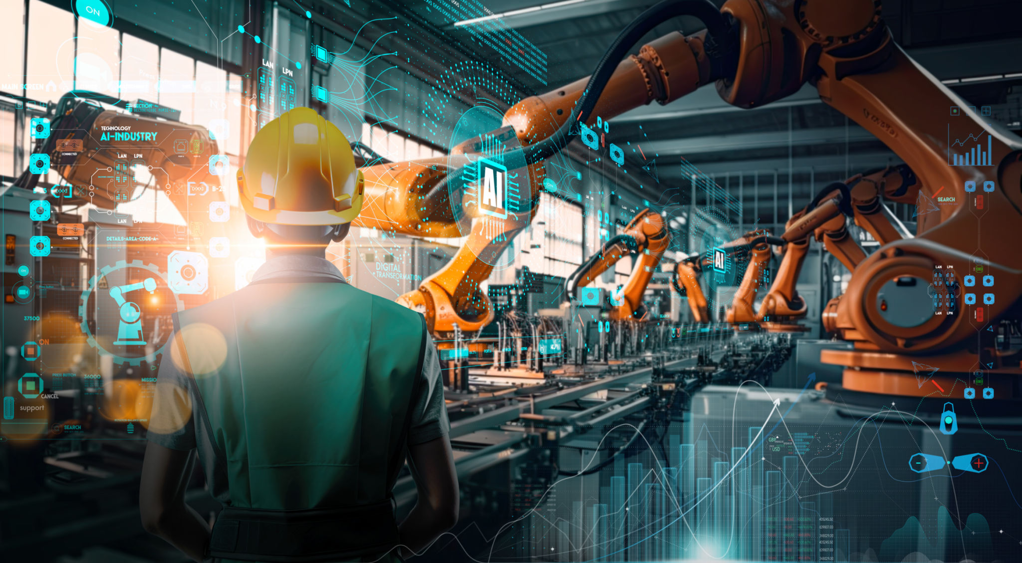 Factory Female Industrial Engineer working with Ai automation robot arms machine in intelligent factory industrial on real time monitoring system software.Digital future manufacture. Factory Female Industrial Engineer working with Ai automation robot arms machine in intelligent factory industrial on real time monitoring system software.Digital future manufacture.