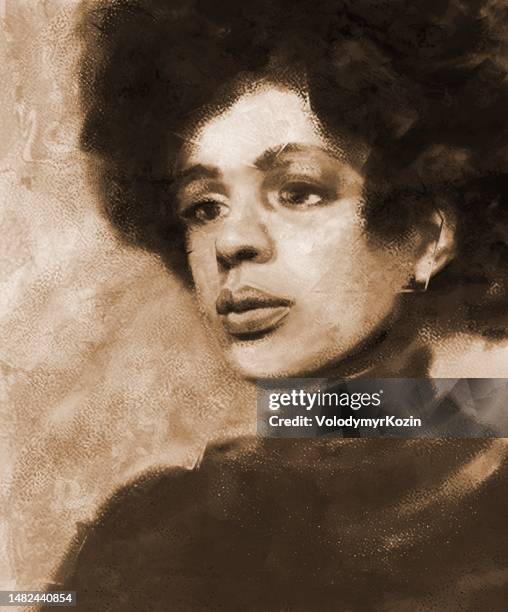 picturesque portrait of a black woman with thick black hair, retro style - thick black woman 幅插畫檔、美工圖案、卡通及圖標