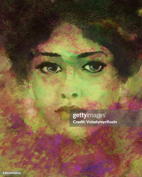 picturesque portrait of a black woman with thick black hair, retro style - thick black woman 幅插畫檔、美工圖案、卡通及圖標