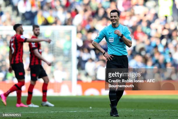 Referee Andy Madley during the Premier League match between Tottenham Hotspur and AFC Bournemouth at Tottenham Hotspur Stadium on April 15, 2023 in...