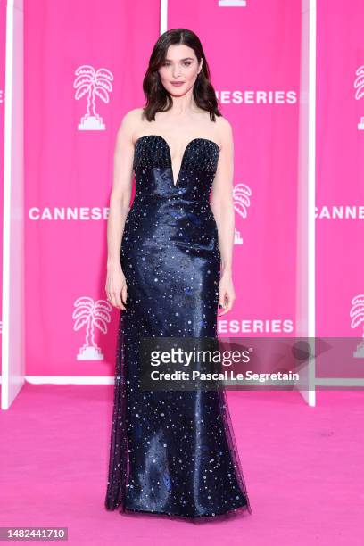 Rachel Weisz poses on the pink carpet, wearing Armani, during Day Two of the 6th Canneseries International Festival on April 15, 2023 in Cannes,...