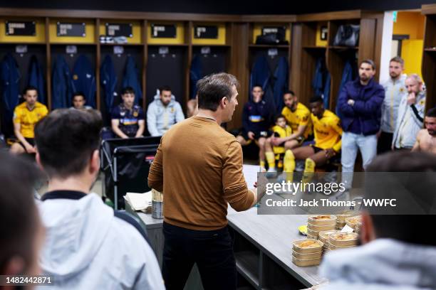 Julen Lopetegui, Manager of Wolverhampton Wanderers speaks with the players in the dressing room following victory in the Premier League match...