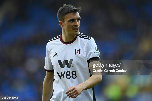 João Palhinha of Fulham during the Premier League match between Everton FC and Fulham FC at Goodison Park on April 15, 2023 in Liverpool, England.