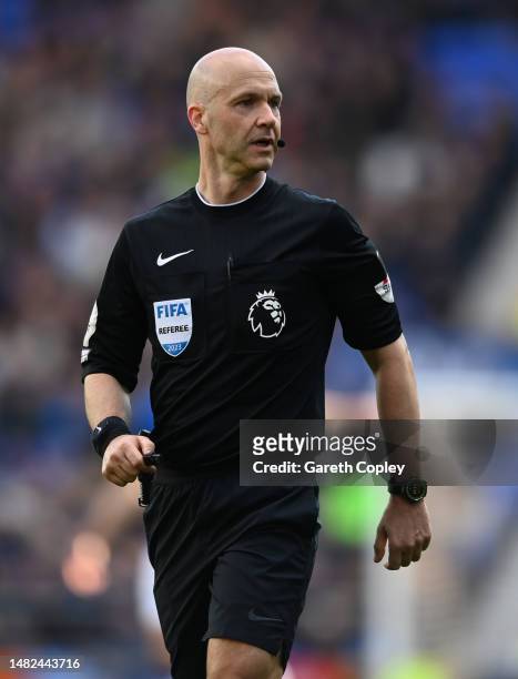 Referee Anthony Taylor during the Premier League match between Everton FC and Fulham FC at Goodison Park on April 15, 2023 in Liverpool, England.