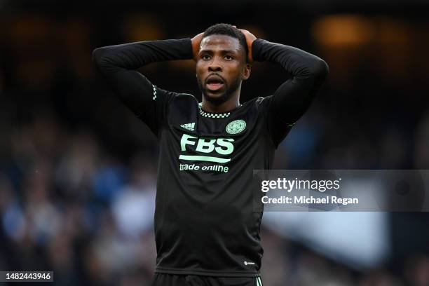 Kelechi Iheanacho of Leicester City reacts during the Premier League match between Manchester City and Leicester City at Etihad Stadium on April 15,...