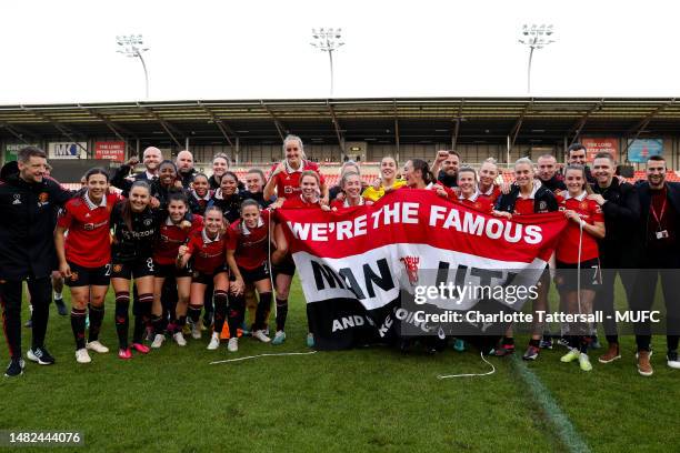 The Manchester United Women's squad celebrates after the Vitality Women's FA Cup Semi Final between Manchester United Women and Brighton & Hove...