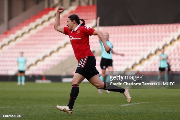 Rachel Williams of Manchester United Women celebrates scoring their third goal during the Vitality Women's FA Cup Semi Final between Manchester...