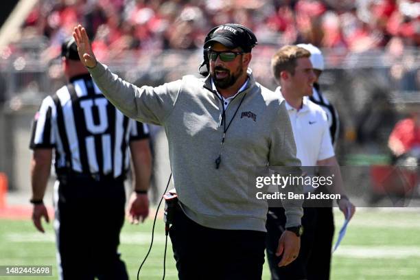 Head coach Ryan Day of the Ohio State Buckeyes calls a play during the Spring Game at Ohio Stadium on April 15, 2023 in Columbus, Ohio.