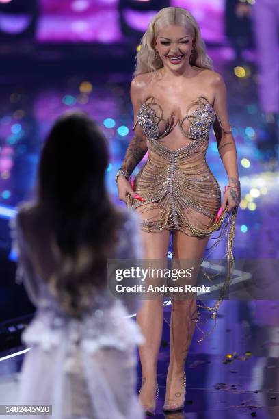 Jury member Katja Krasavice arrives on stage during the finals of the tv competition show "Deutschland sucht den Superstar" at MMC Studios on April...