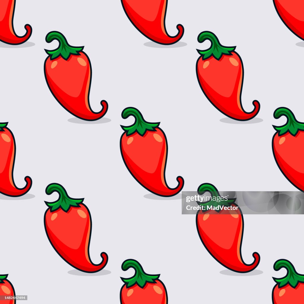 Nahtloses Vektormuster mit Cartoon Red Hot Chili Pepper Icon Set. KFresh Chili Peperoni mit Outline. Designvorlage für kulinarische Produkte und Rezepte. Vektor-Illustration