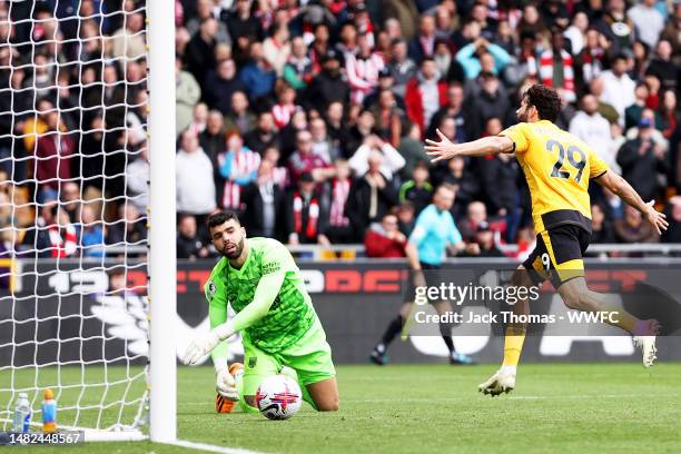 Diego Costa of Wolverhampton Wanderers celebrates after scoring his team's first goal during the Premier League match between Wolverhampton Wanderers...