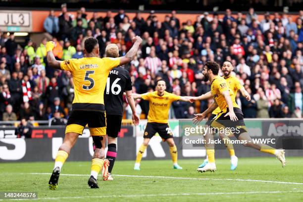 Diego Costa of Wolverhampton Wanderers celebrates after scoring his team's first goal during the Premier League match between Wolverhampton Wanderers...