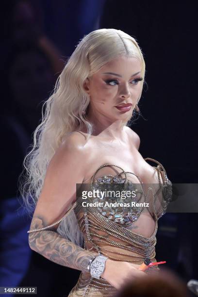 Jury member Katja Krasavice is seen on stage during the finals of the tv competition show "Deutschland sucht den Superstar" at MMC Studios on April...