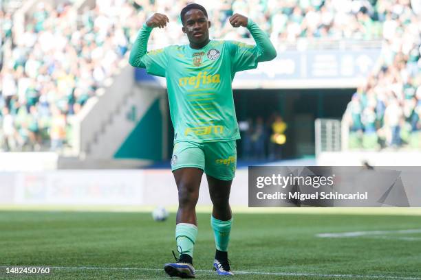 Endrick of Palmeiras celebrates after scoring the team's first goal during a match between Palmeiras and Cuiaba as part of Brasileirao 2023 at...