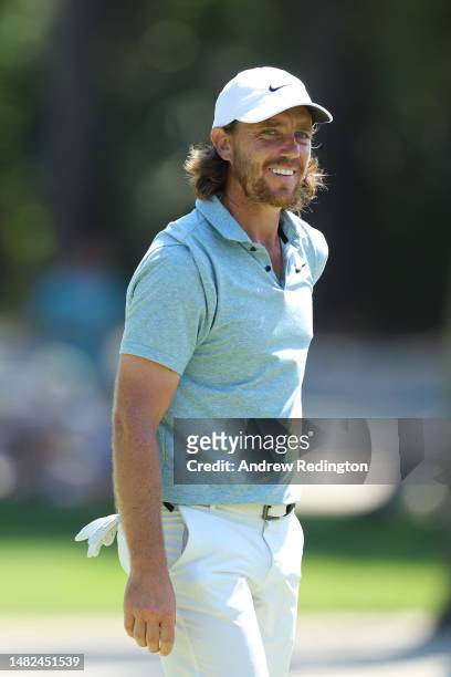 Tommy Fleetwood of England smiles on the sixth green during the third round of the RBC Heritage at Harbour Town Golf Links on April 15, 2023 in...