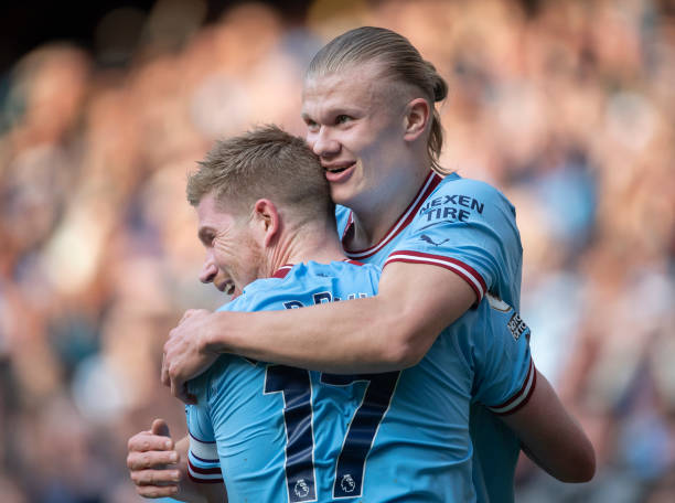 Erling Haaland of Manchester City celebrates scoring his second goal with team mate Kevin De Bruyne during the Premier League match between...