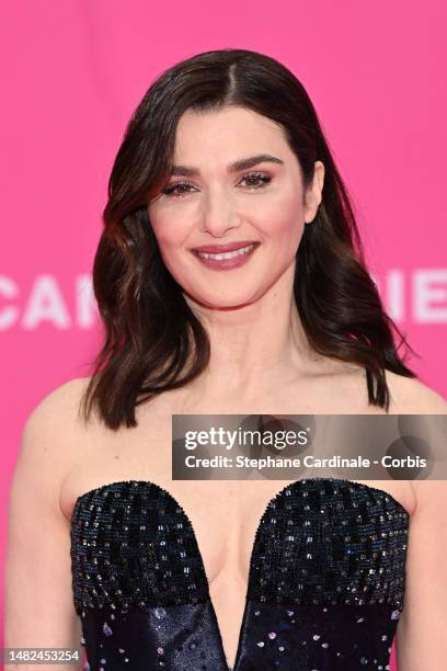 Rachel Weisz poses on the pink carpet, wearing Armani, during the 6th Canneseries International Festival : Day Two on April 15, 2023 in Cannes,...