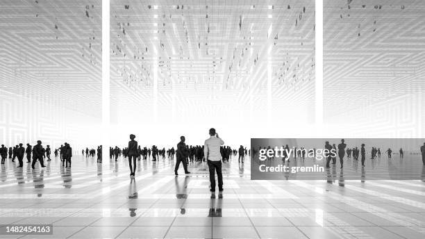 man on the phone in futuristic vr environment - sea of white people stock pictures, royalty-free photos & images