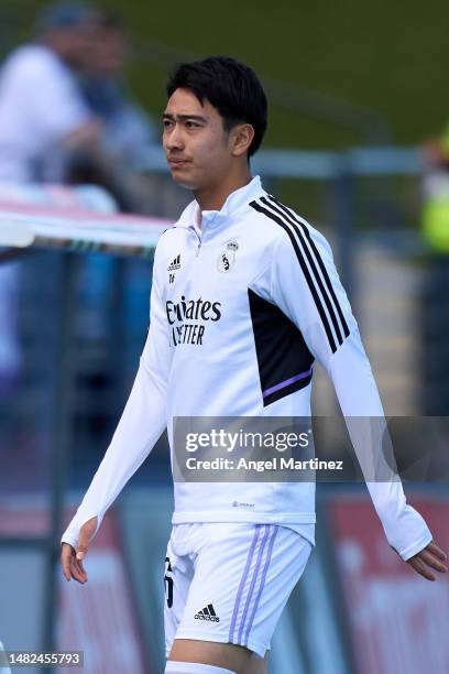 Takuhiro Nakai of Real Madrid Castilla looks on prior to the Primera RFEF Group 1 match between Real Madrid Castilla and RC Celta B at Estadio...