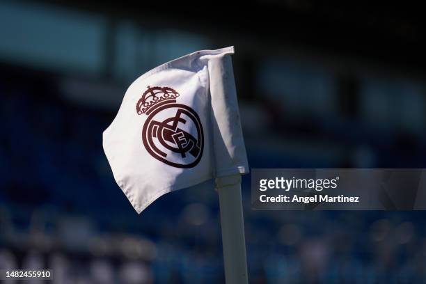Detailed view of the Real Madrid corner flag prior to the Primera RFEF Group 1 match between Real Madrid Castilla and RC Celta B at Estadio Alfredo...