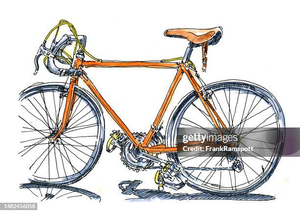 ilustraciones, imágenes clip art, dibujos animados e iconos de stock de bicicleta de carreras orange vintage - color wheel watercolor