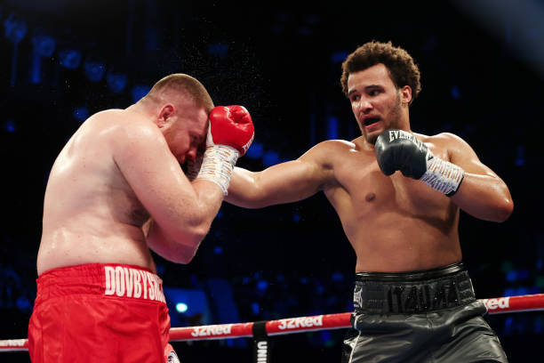 Moses Itauma punches Kostiantyn Dovbyshchenko during the Heavyweight fight between Moses Itauma and Kostiantyn Dovbyshchenko at Copper Box Arena on...
