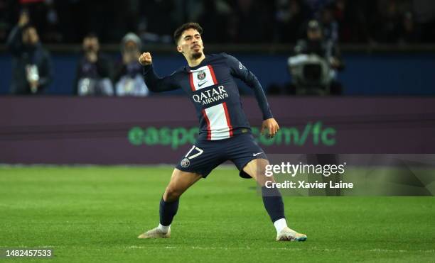 Vitinha of Paris Saint-Germain celebrates after scoring the team's second goal during the Ligue 1 match between OGC Nice and Paris Saint-Germain at...