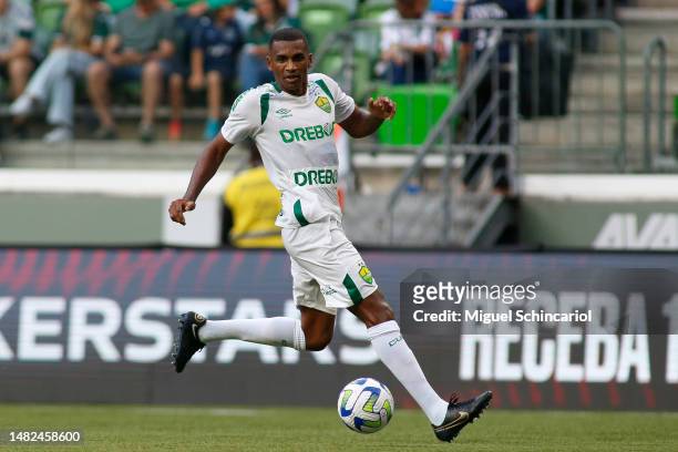 Marllon of Cuiaba controls the ball during a match between Palmeiras and Cuiaba as part of Brasileirao 2023 at Allianz Parque on April 15, 2023 in...