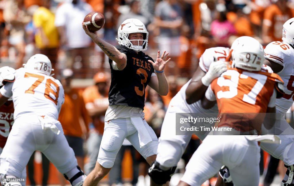 Texas Spring Game Quinn Ewers of the Texas Longhorns throws a pass during the Texas ...