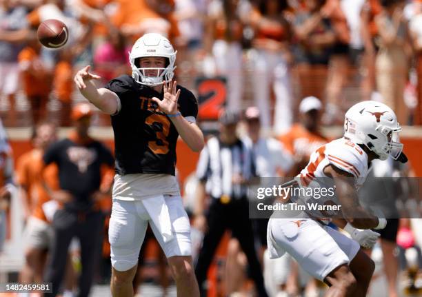 Quinn Ewers of the Texas Longhorns throws a pass during the Texas Football Orange-White Spring Football Game at Darrell K Royal-Texas Memorial...