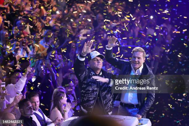 Jury members Pietro Lombardi and Dieter Bohlen are seen on stage during the finals of the tv competition show "Deutschland sucht den Superstar" at...