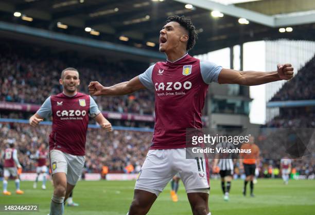 Ollie Watkins of Aston Villa celebrates scoring his first goal during the Premier League match between Aston Villa and Newcastle United at Villa Park...