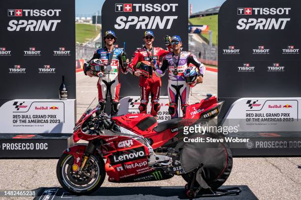 MotoGP Top 3 riders on the Sprint podium during the Sprint of the MotoGP Red Bull Grand Prix of The Americas at Circuit of The Americas on April 15,...