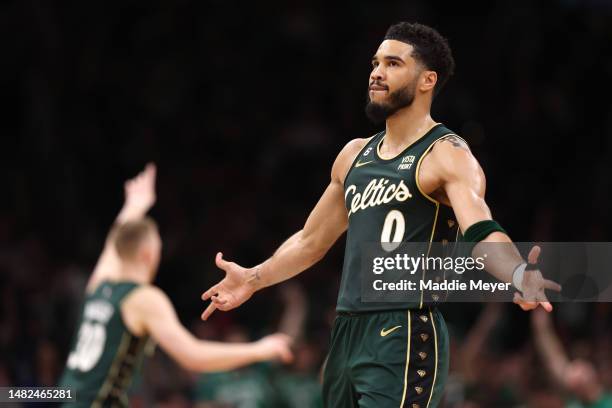 Jayson Tatum of the Boston Celtics celebrates during the second quarter of Game One of the Eastern Conference First Round Playoffs between the Boston...