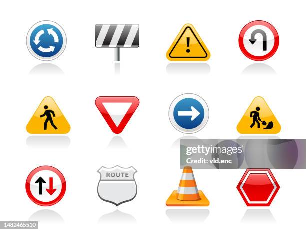 road signs icons set - arrows traffic cone concept stock illustrations