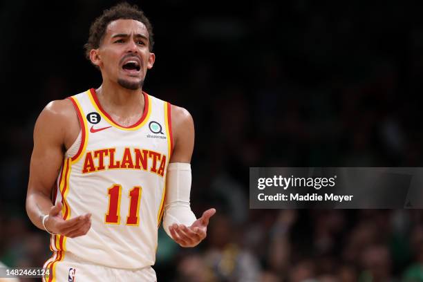 Trae Young of the Atlanta Hawks disputes a foul called against him during the second quarter of Game One of the Eastern Conference First Round...