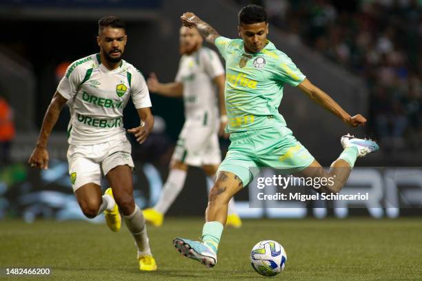 Luis Guilherme of Palmeiras fights for the ball against Raniele of Cuiaba during a match between Palmeiras and Cuiaba as part of Brasileirao 2023 at...